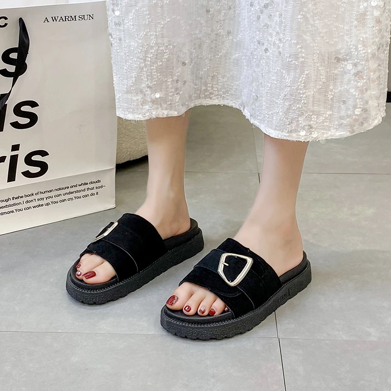 Women's Beach Shoes Summer Casual Sandals Suede Flat-Bottomed Fashion Slippers Women's Buckle Flat Shoes Outer Wear Simple Shoes