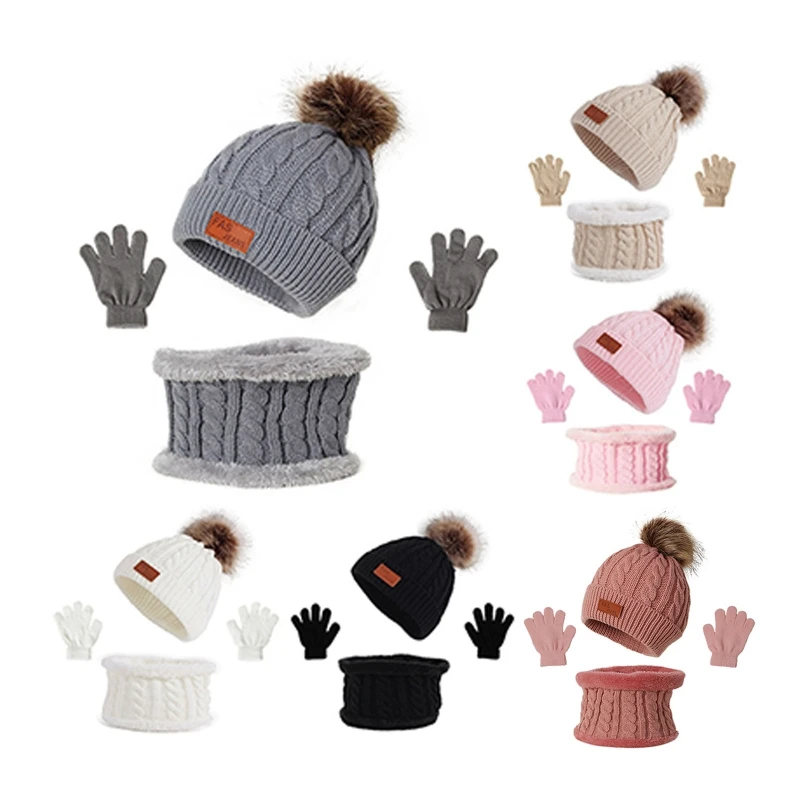 

3 Pcs Winter Warm Baby Solid Color Hat Gloves Scarf Set Fur Ball Beanies Cap Mitten Scarves Kit for Toddler Girls Boys Knitted