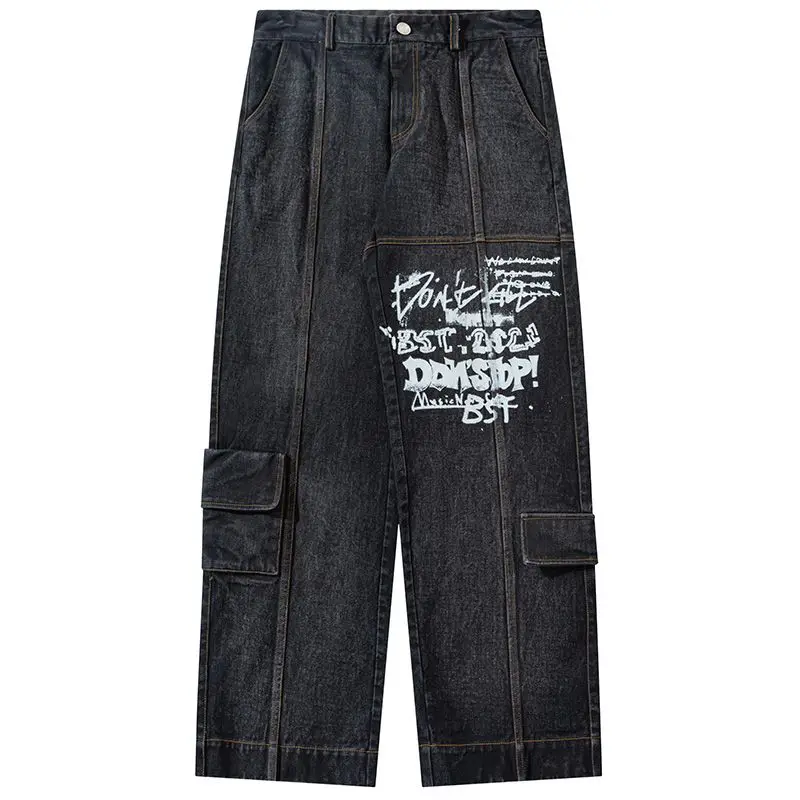 Retro Letter Printed Jeans Men and Women American Ins Overalls Autumn New Trendy Brand Hip hop Washed Casual Straight Pants