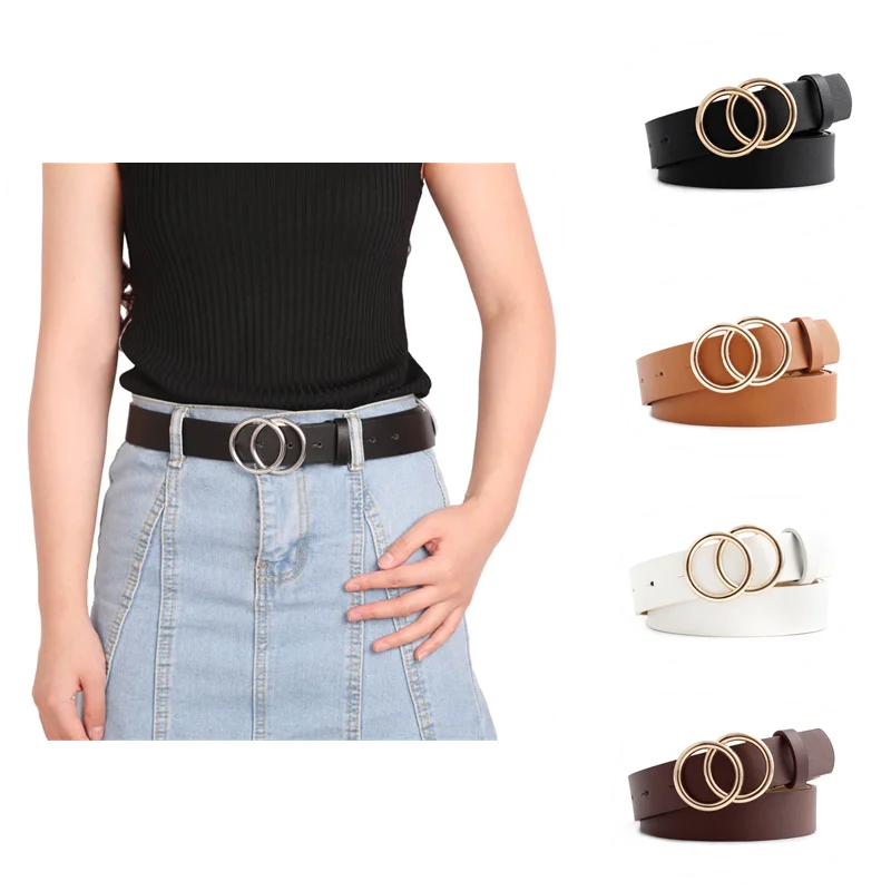 Creative Women Double Ring PU Belt Ladies Retro Style Decorative Belt for Jeans Skirt Casual Clothing Accessories