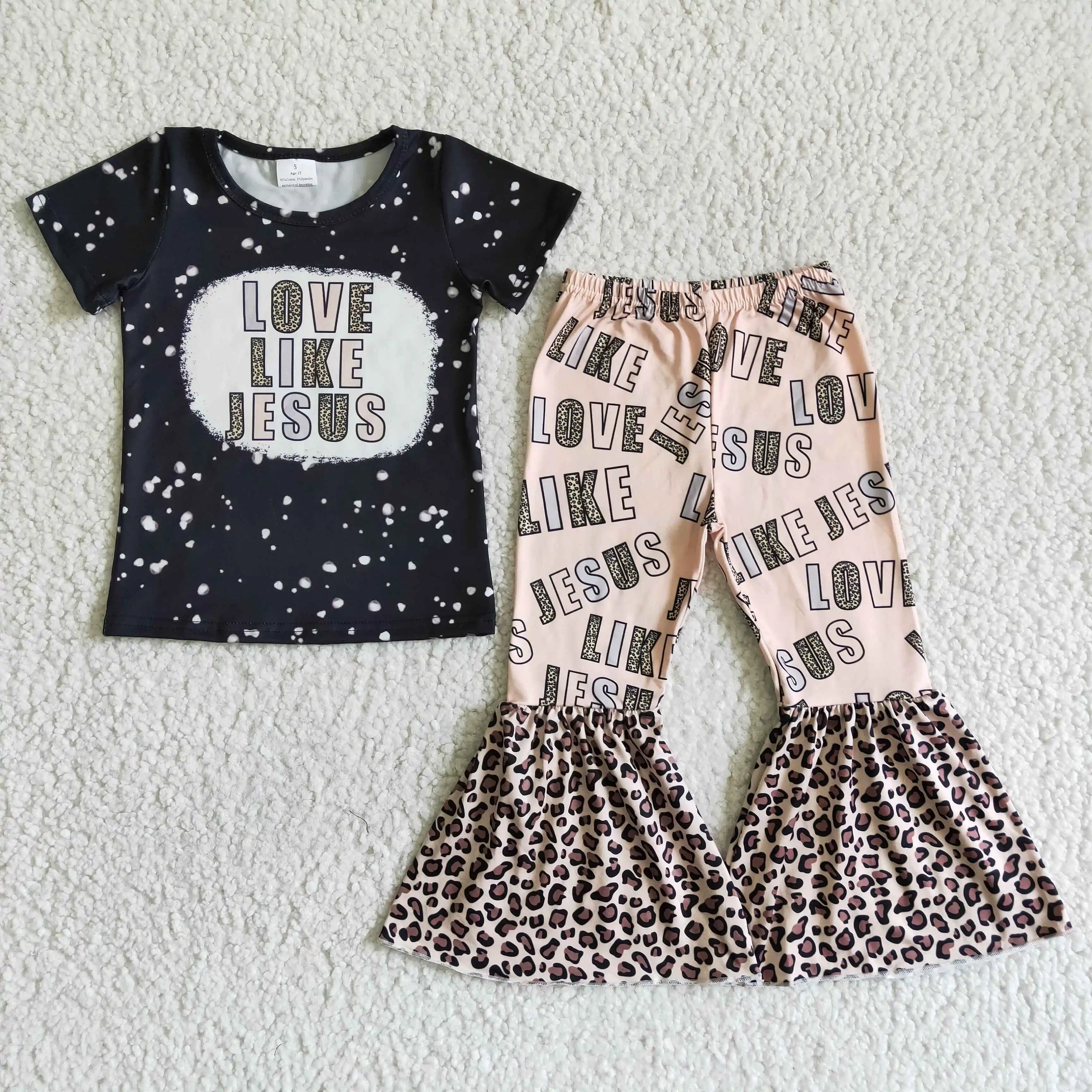 

High Quality Two Pieces Black T Shirt Bell Bottoms Children Leopard Clothing Outfit