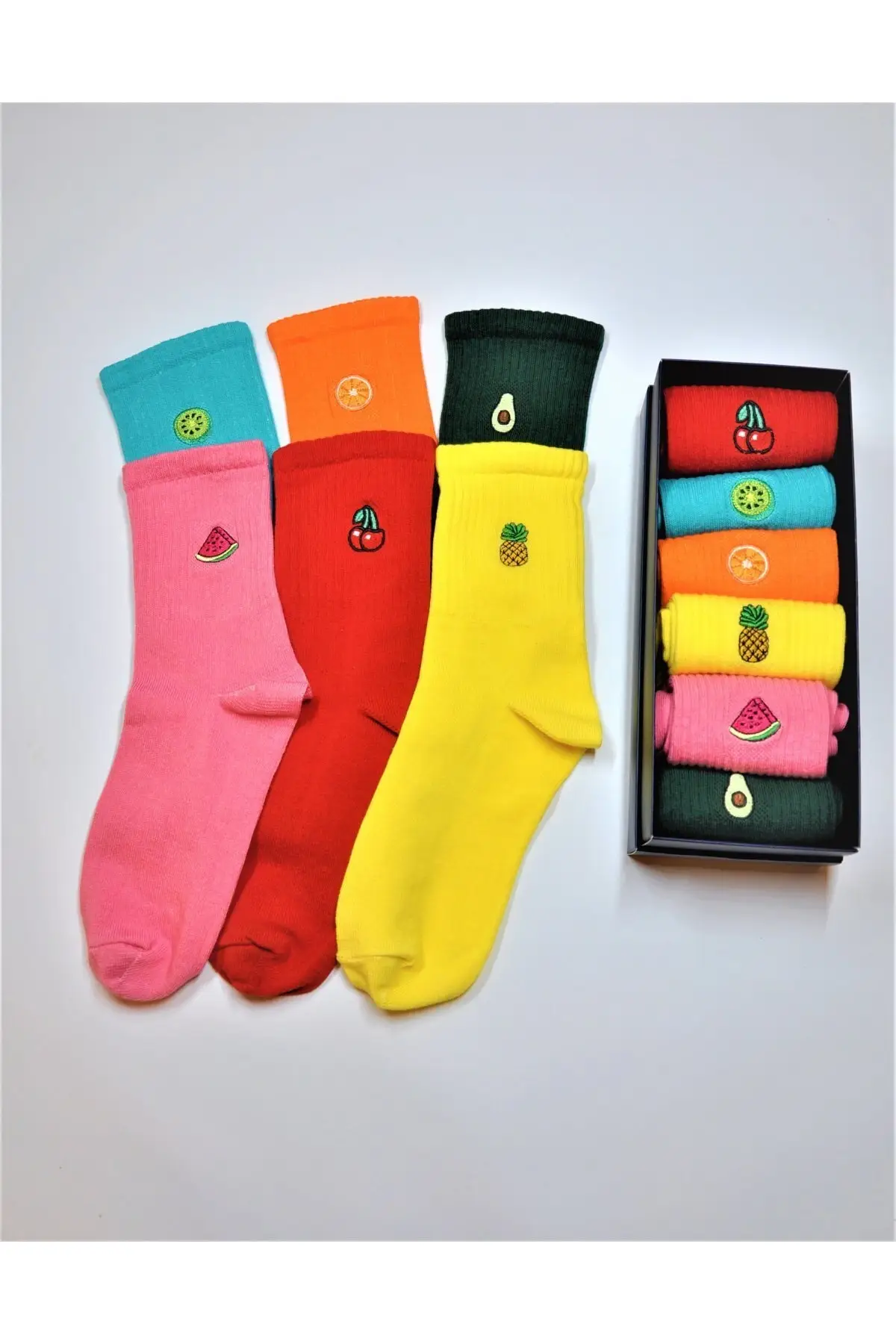 

Fruits Embroidered Colorful Socks box 6 psc.