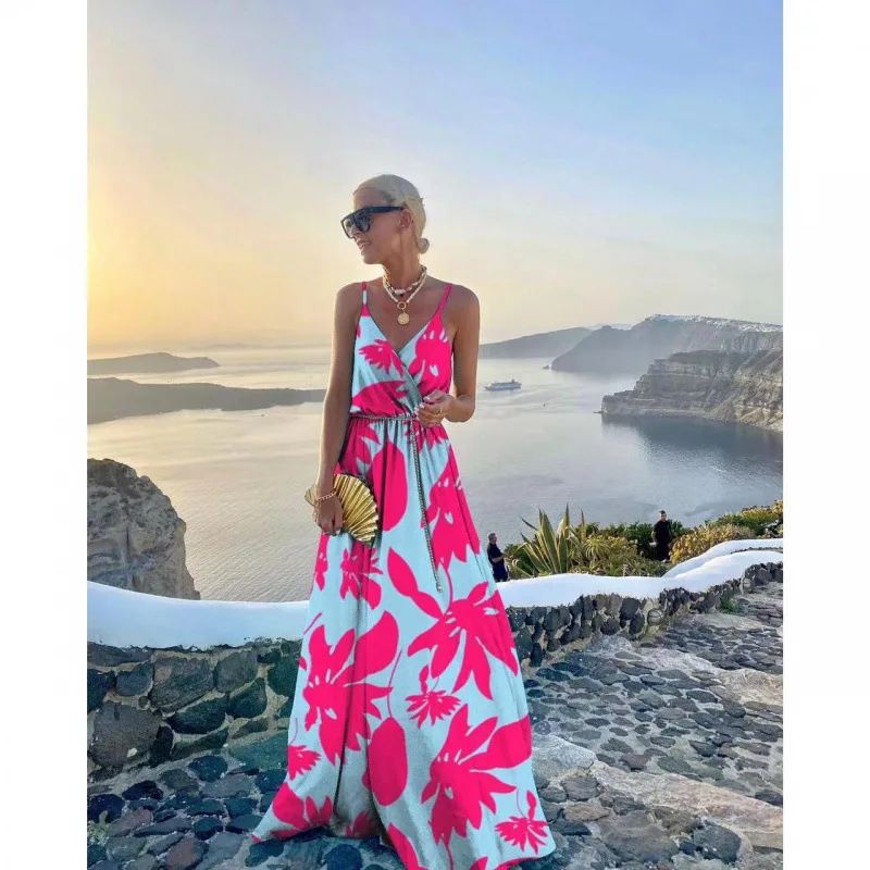 

Новое платье без рукавов с принтом, сексуальное длинное платье с v-образным вырезом, перекрещивающимся Кружево, платье для отдыха