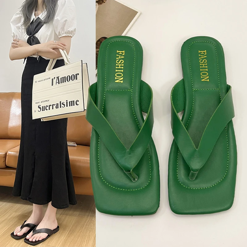 

Women Slipper 2022 Flat Heel Causal Ladies Square Toe Outdoor Slides Summer Beach Open Toe Flip Flop Shoes Zapatillas Casa Mujer