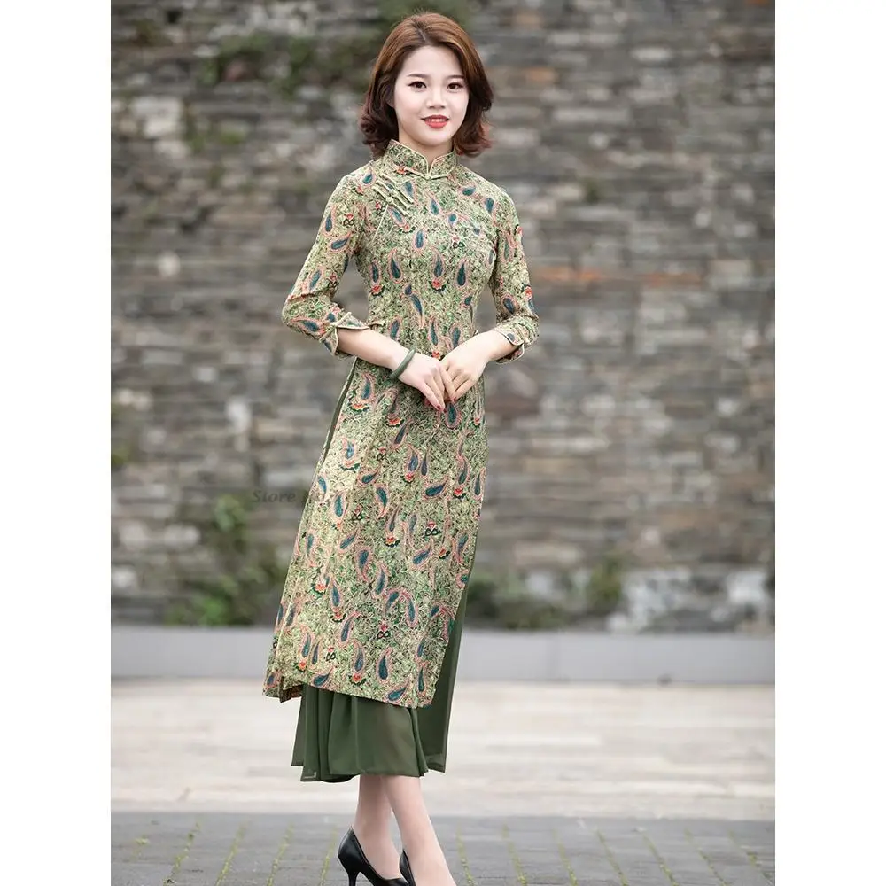 

2022 vietnam aodai dress women traditional clothing aodai dress flower printing dress female elegant party dress gowns vestido