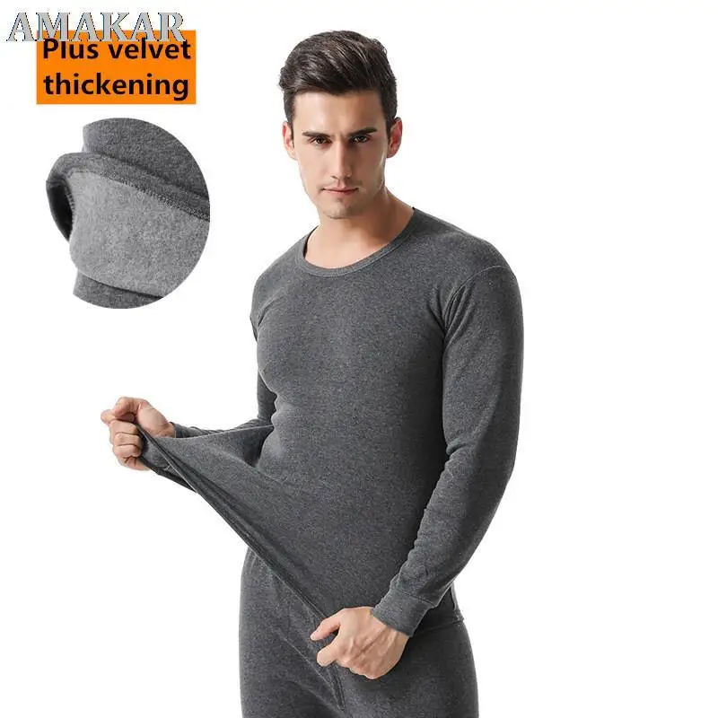 

Winter Long Johns Men Thermal Underwear Sets thin fleece solid color keep warm Round neck Plush thick warm clothing