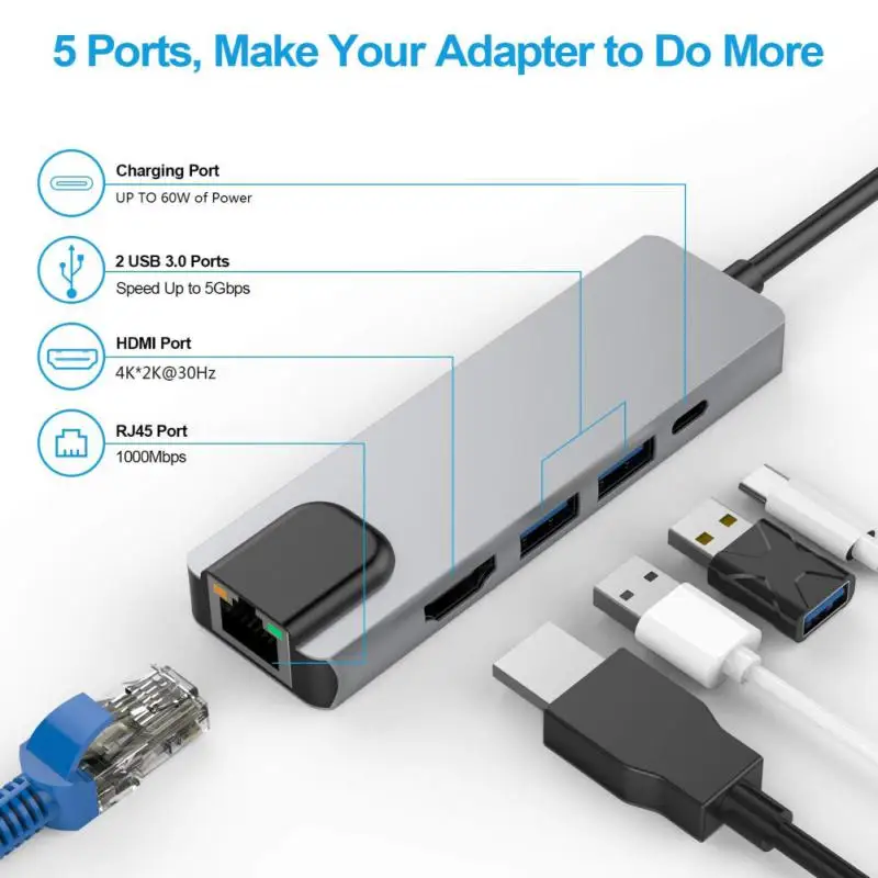 

5 In 1 Usb Adapter Type-c Computer Splitter 100 W 5gbps Usb3.0 Hub Adapter Computer Accessories Docking Station Portable Usb Hub