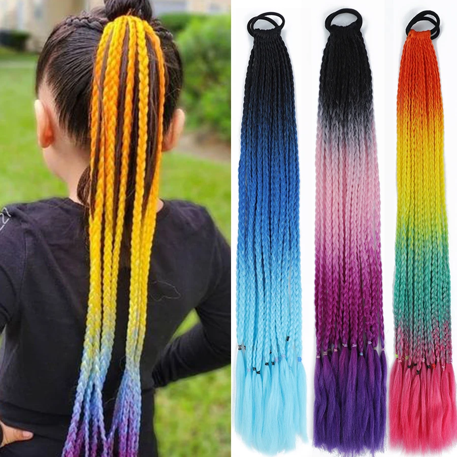

False Braids Hairdress Synthetic Ponyholder Rainbow Ponytail Elastic Band False Overhead Tail Box Braids Pony Tail For Girls