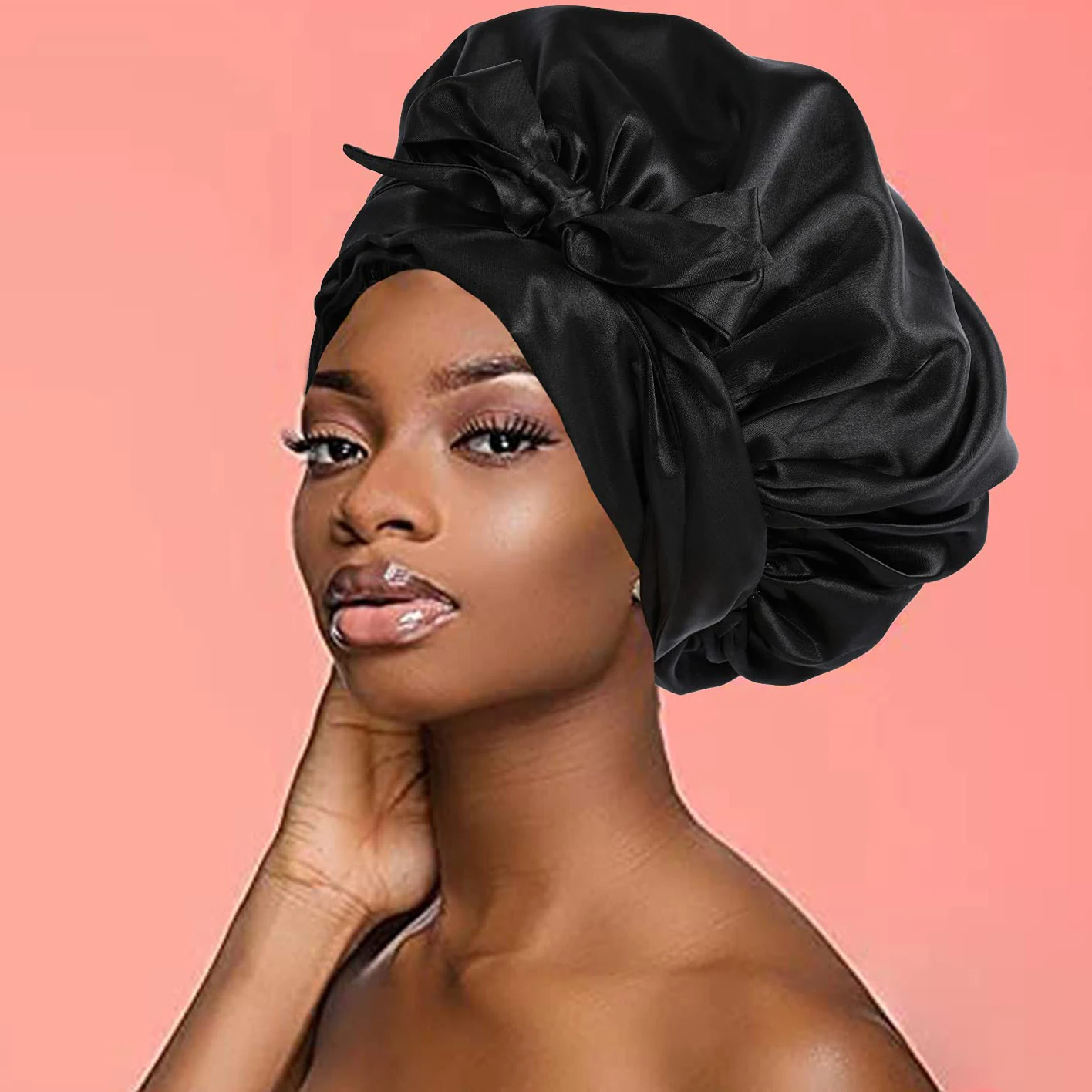 

Двухслойная модная атласная шапка для женщин, шелковая шапка для сна, головной убор с резинкой для волос, тюрбан, однотонная женская шапка д...