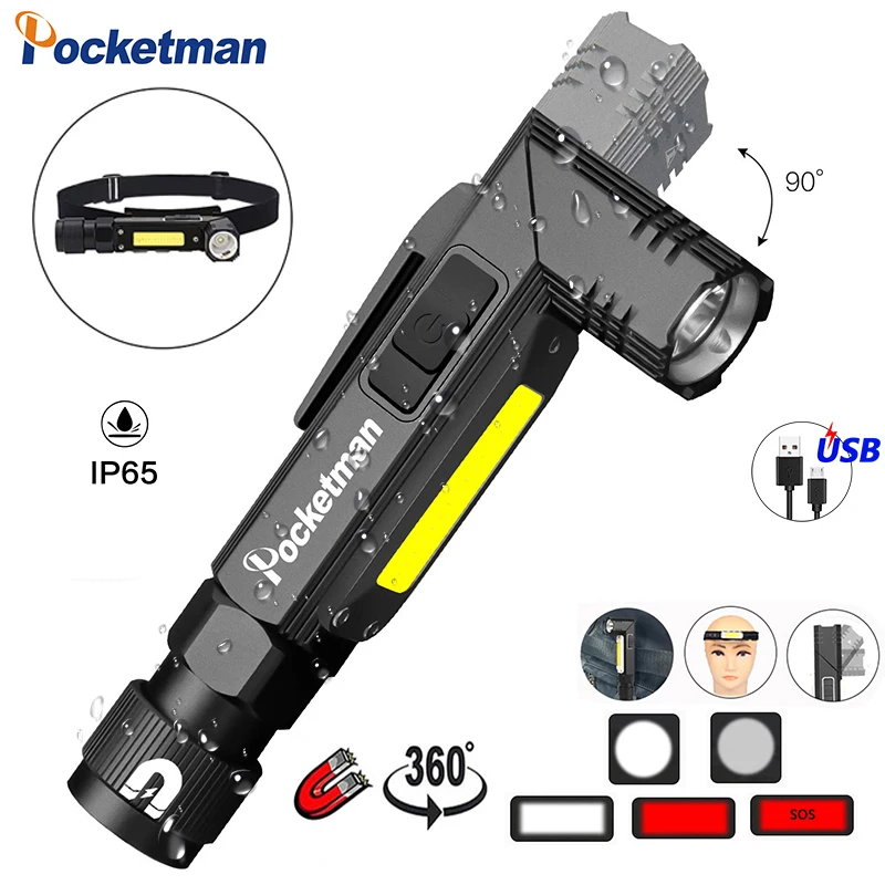 

8000LM Handfree Dual Fuel 90 Degree Twist Rotary Clip Rechargeable Tactical Flashlight, Super Bright 5 Modes LED Torch Outdoor