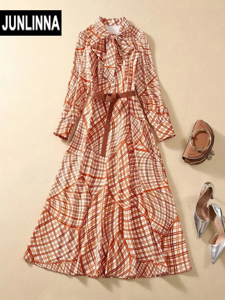

Осеннее платье JUNLINNA, модное элегантное женское платье с воротником-шарфом, однобортное клетчатое платье для отпуска, платье с поясом