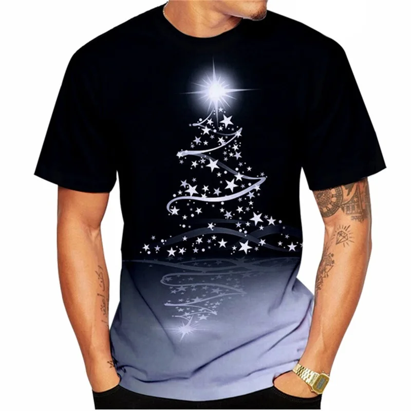 

Men's Short Sleeve 3D Christmas Printed T Shirt Colorful Tree Casual Top Teenagers Clothing Oversized Breathable Tops For Male