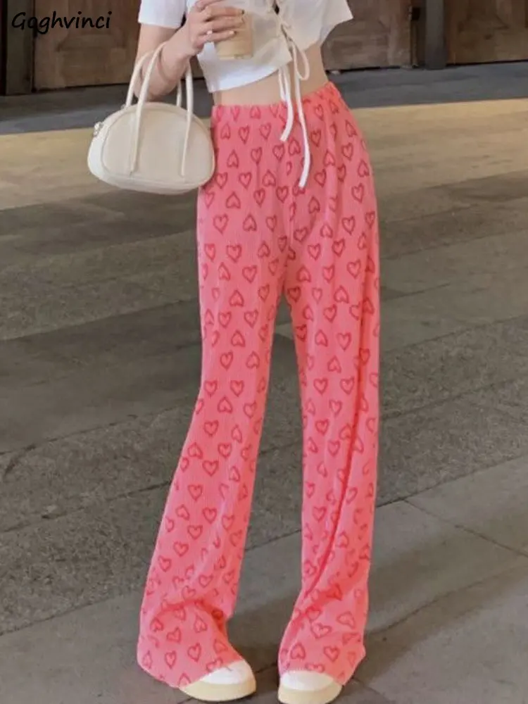 

Pants Women Casual Loose Heart Print Sweet Full-length Fashion Korean Style All-match Tender Folds High Waist Chic Streetwear