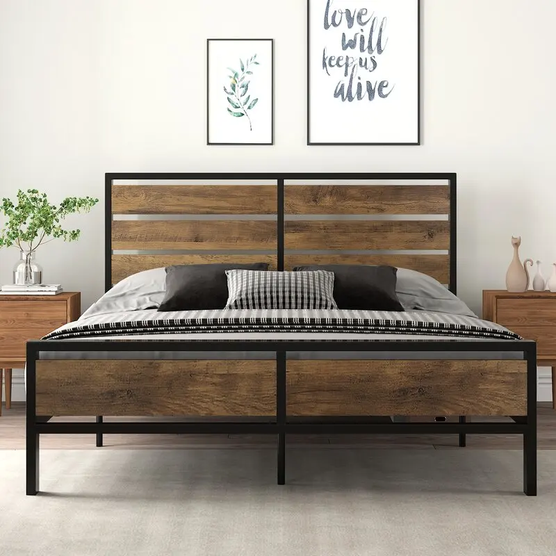Modern King Queen Size Wrought Iron Adult Platform Bed with Wooden Headboard Easy Assembly Metal Beds Frame