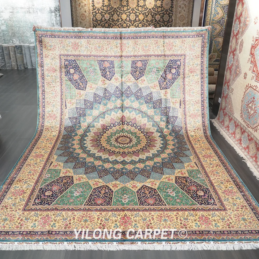 

Yilong 10'x14' Vantage Tabriz Qum Rug Large Antique Medallion Persian Silk Carpet (ZQG571A)