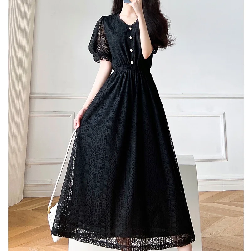 

New Fashoin Lace Party Dresses Summer Fairy White Dress for Women Elegant Floral Short Sleeve V Neck Bead Long Dress Robe 25537