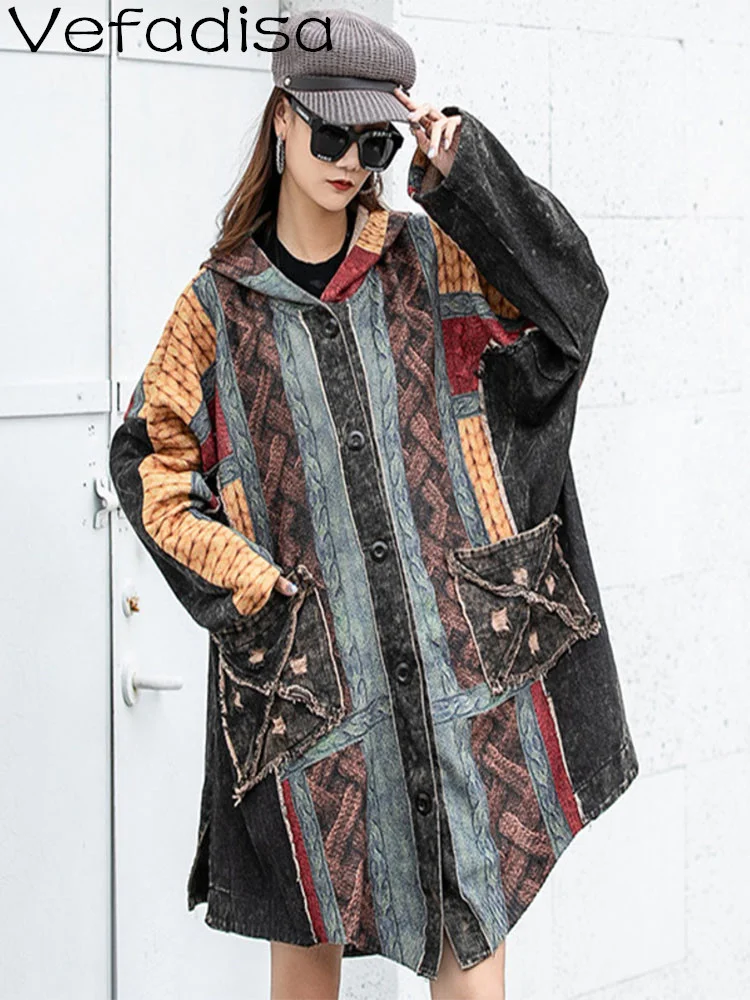 

Vefadisa Women Long Sleeves Hooded Coat Loose Old Printing Knitting Splicing Denim Cardigan Coat 2023 Spring Autumn LHX1810