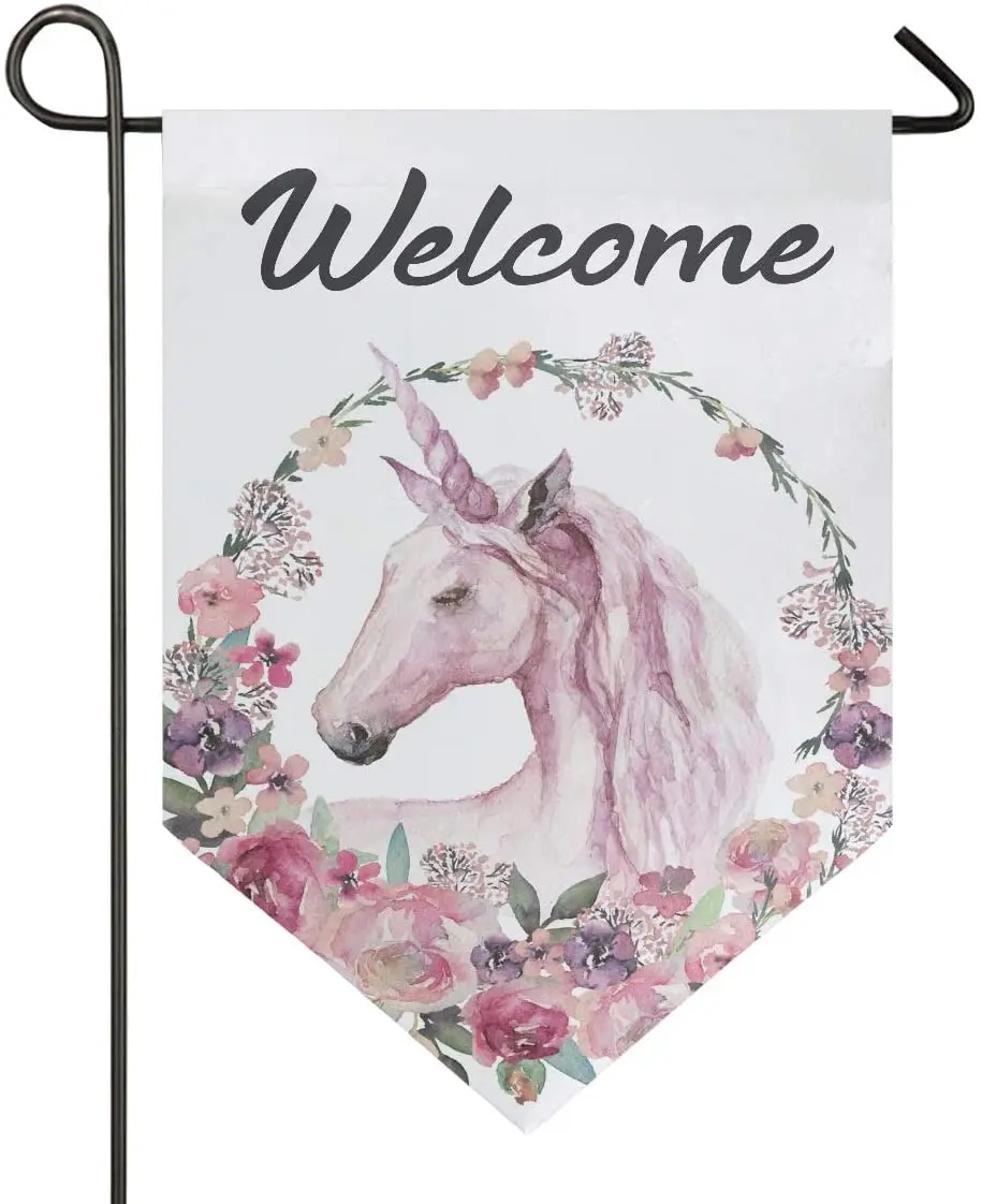 

Hello Welcome Unicorn Rose Flower Wreath Garden Flag Welcome Home House Flags Double Sided Yard Banner Outdoor Decor Banner for