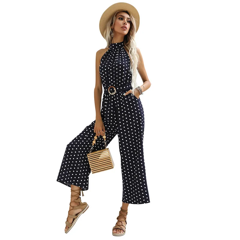 Fashion Dot Printed Women Jumpsuits with Free Belt Navy Blue Halter Sleeveless Causal Commute Playsuits New Loose Wide Leg Pants
