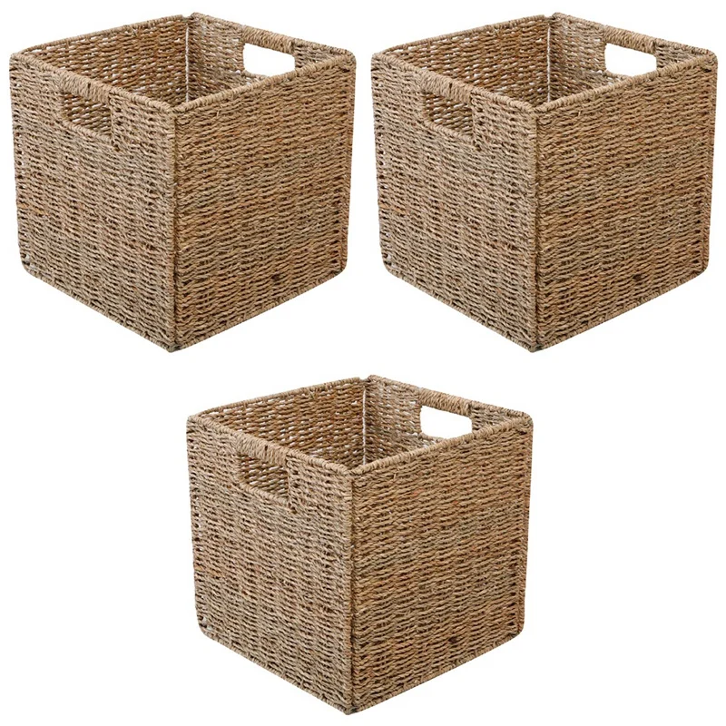 3X Woven Seagrass Farmhouse Kitchen Storage Organizer Basket Bin With Handles For Cabinets,Pantry,Bathroom,Laundry Room