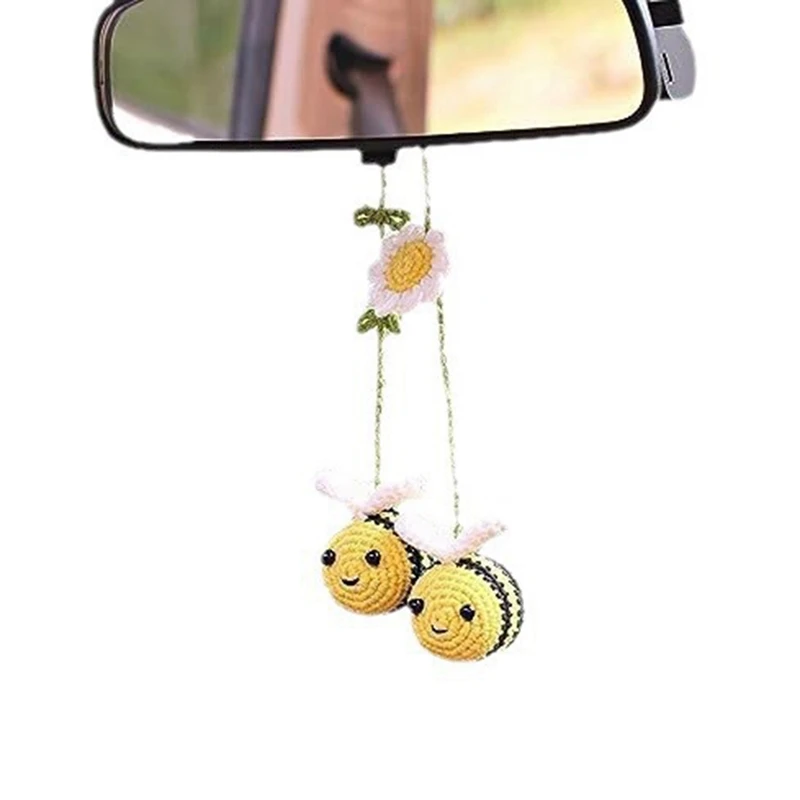 Woven Bee Car Ornament Hand-Crochet Rearview Mirror Accessory Decoration For Lovers