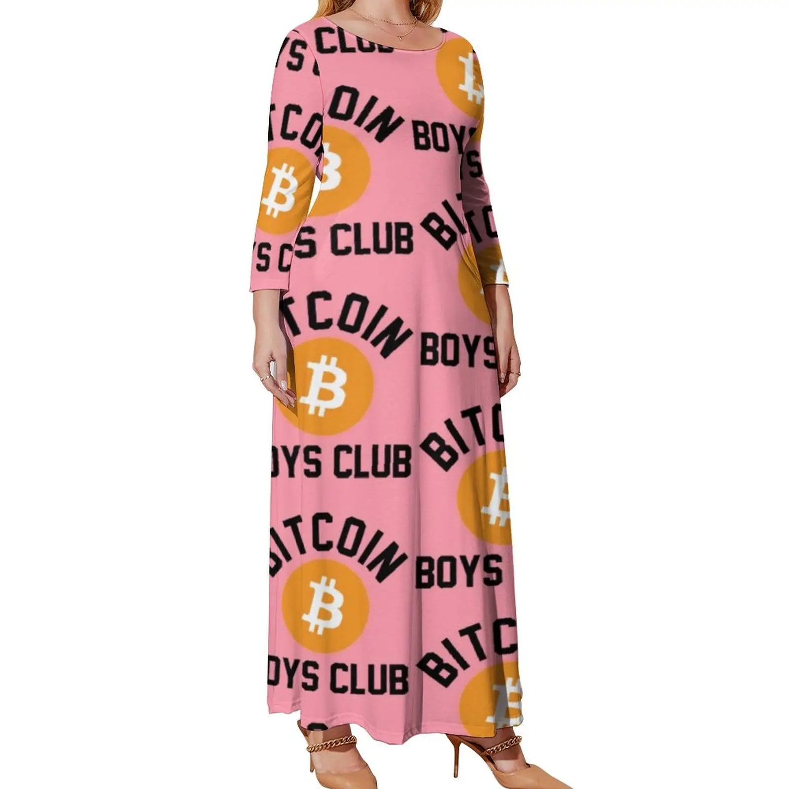 Bitcoin Logo Dress Crypto Currency Print Bohemia Dresses Long-Sleeve Aesthetic Long Maxi Dress Sexy Vestido Plus Size 4XL 5XL