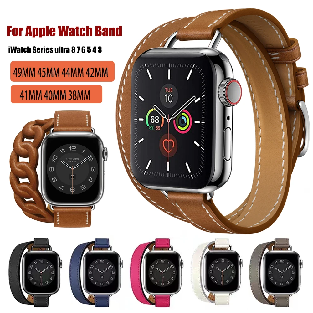 

Двойной кожаный ремешок для Apple Watch Band Ultra 8 7 6 SE 5 3, браслет для Iwatch 40/44 мм 41/45 мм 49 мм, для мужчин и женщин