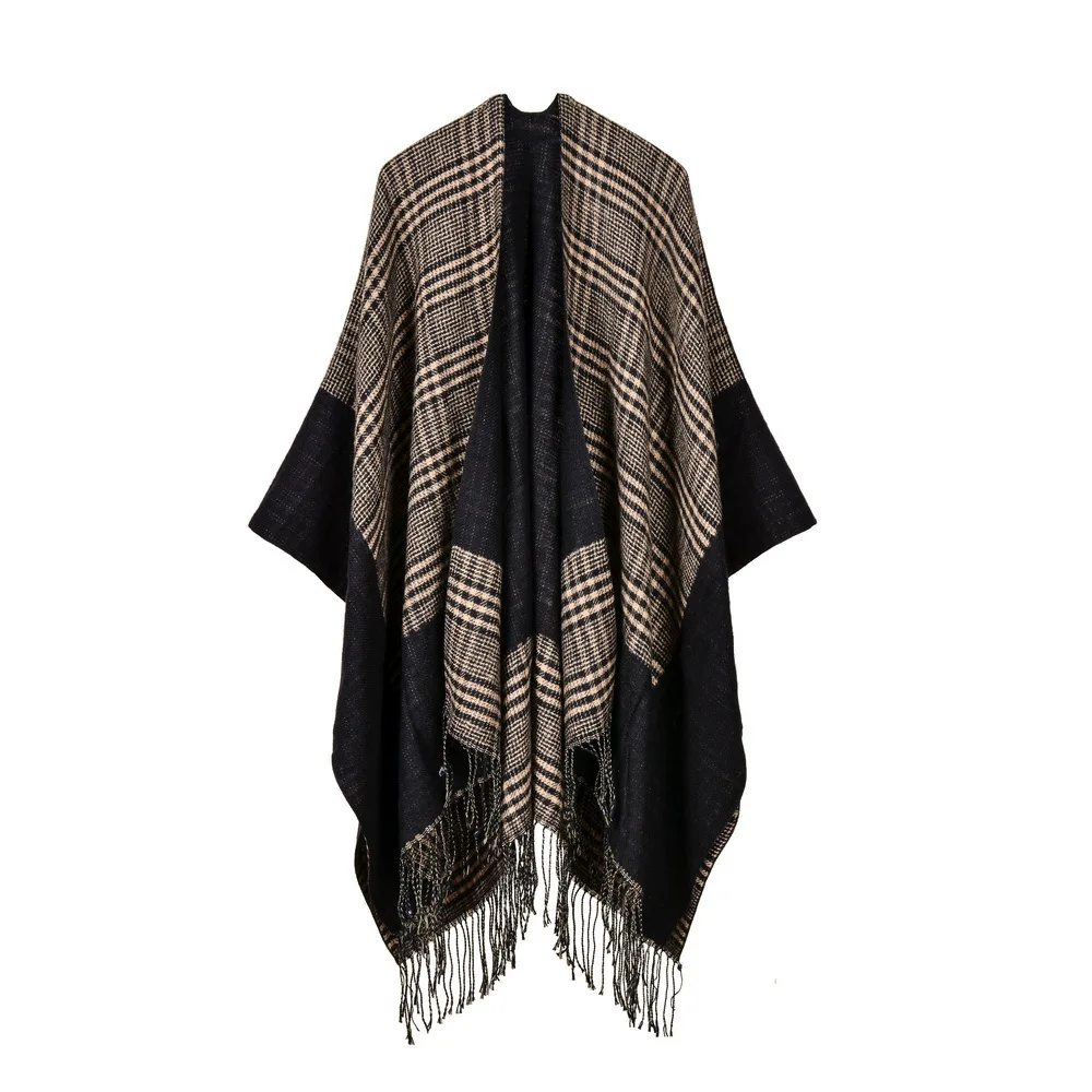 

Women's Tassel Imitate Cashmere Shawl Autumn Winter Can Be Thickened Wear on Both Sides Lady Ponchos Capes Khaki