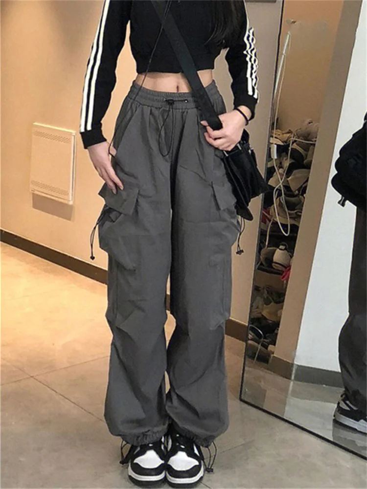 

Y2K Streetwear Gray Cargo Pants Women Oversized Hip Hop Pockets Wide Leg Trousers Korean Style Drawstring Sweatpants