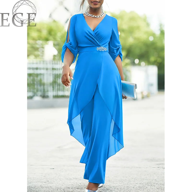 2023 Plus Size 6XL7XL 2-Piece Set Chiffon V-Neck Top and Loose Pants Elegant Commuting Plus Size Women 2-Piece Set