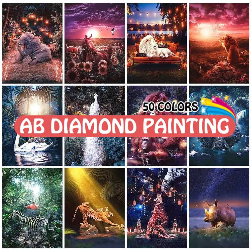 

5D Full Drill Diamond Embroidery Animal Peacock Tiger Lion Horse Round Rhinestone Diamond Painting AB Elephant Mosaic Wall Decor