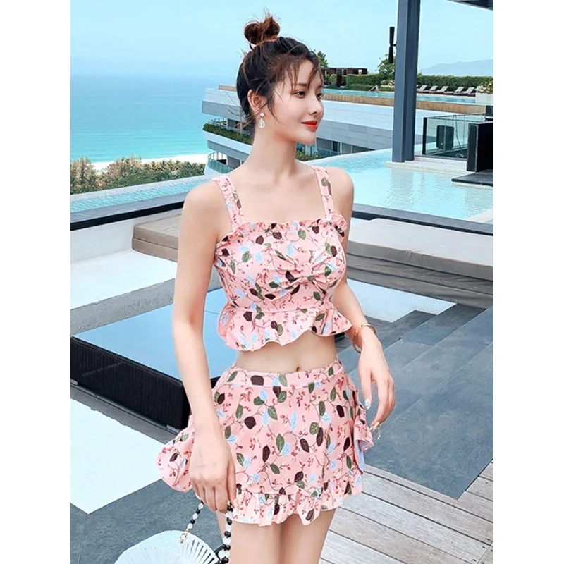 

Women Padded Swimwear Flower Print Swimsuit Bathing Suit Sexy Lady Monokini Korean Style 2 Piece Swimwear Beachwear 2023 New