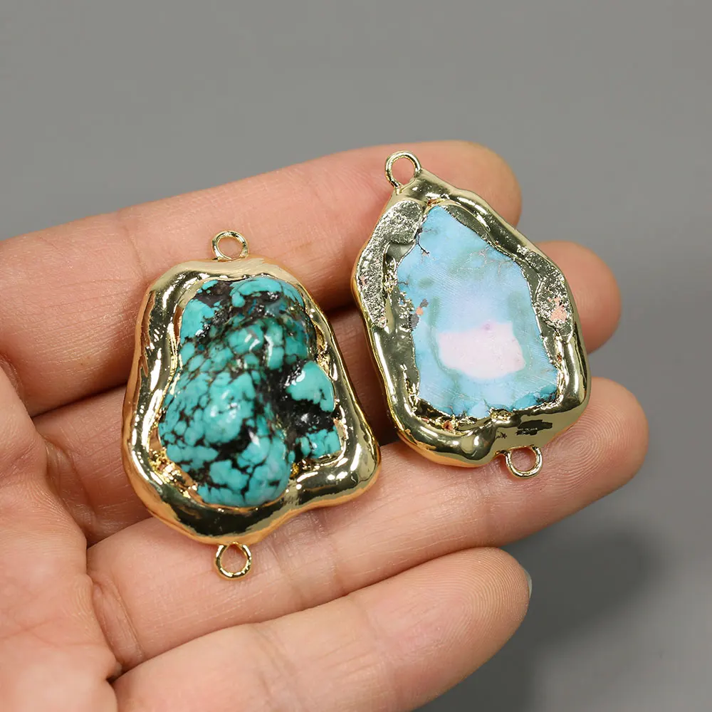 APDGG 5 Pcs Blue Turquoise Freeform Nugget Beads 14K Gold Plated Connector Real Stone For Jewelry Making DIY