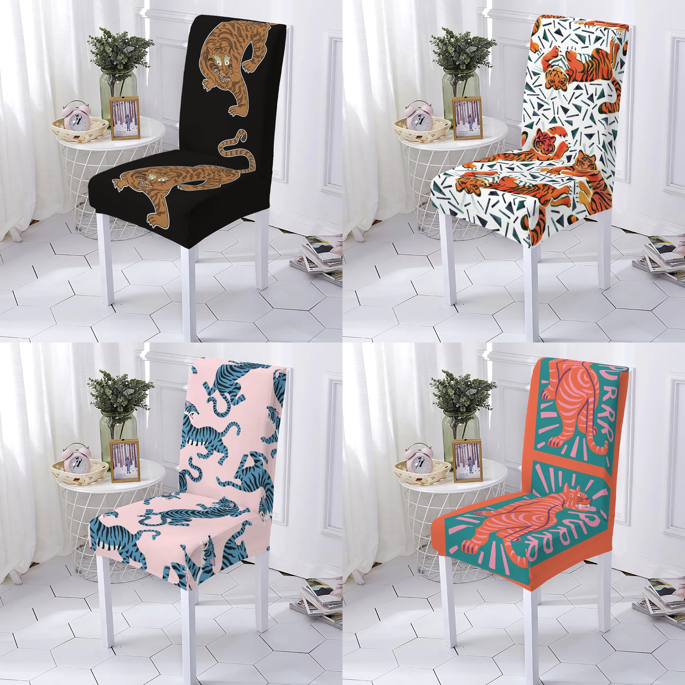 

Чехол для стула в стиле мультяшных животных, кухонный эластичный чехол для кресла С Рисунком Тигра, дом, мебель из спандекса