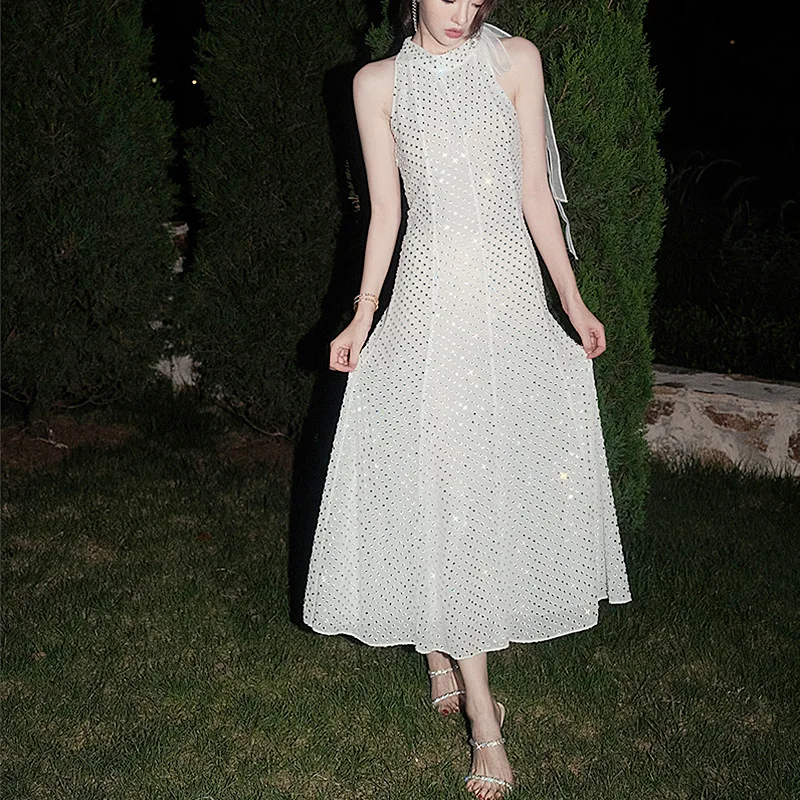 

Luxury Brand Design Dresses Women Long Dress White Sleeveless Dot Diamonds Party Club Robes Vestidos Elegant Female Clothes Lady