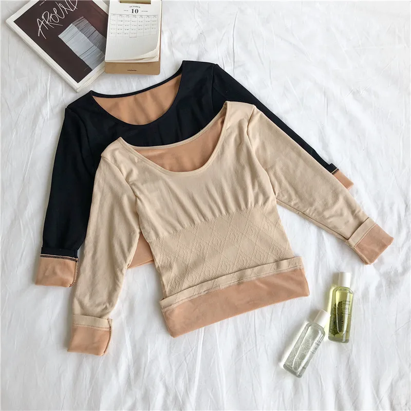 Woman Thermal Underwear Long Sleeve Thermal Shirts Fleece Lined Top Cami Tank Camisoles Base Layer Sexy Winter Bottoming Shirt