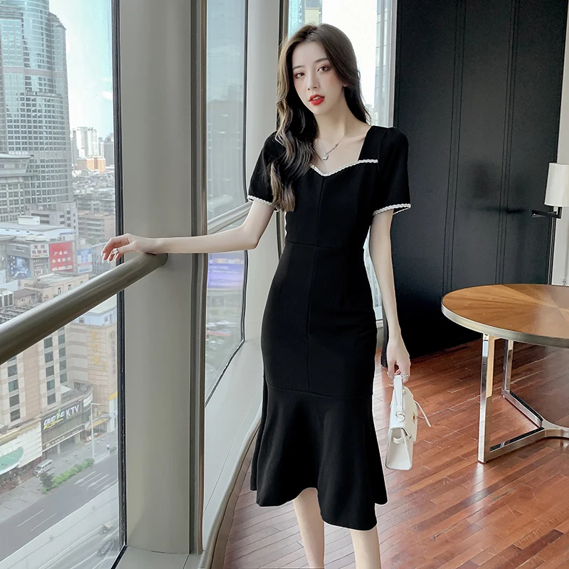 

COIGARSAM Women's Summer Dress 2022 New Short Sleeve High Waist Black Dresses Dropshipping