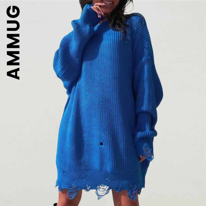 

Ammug Long Sleeve Women Sweater Dress Knitted Loose Sexy Mini Dress Fashion Vintage Stylish Robe Simple Dress Woman Vestidos