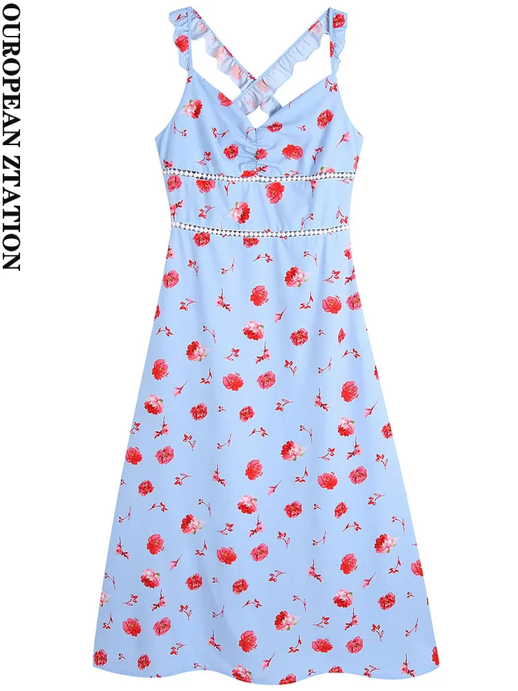 

PAILETE Women 2022 fashion with ruffles printed midi dress vintage backless wide straps female dresses vestidos mujer