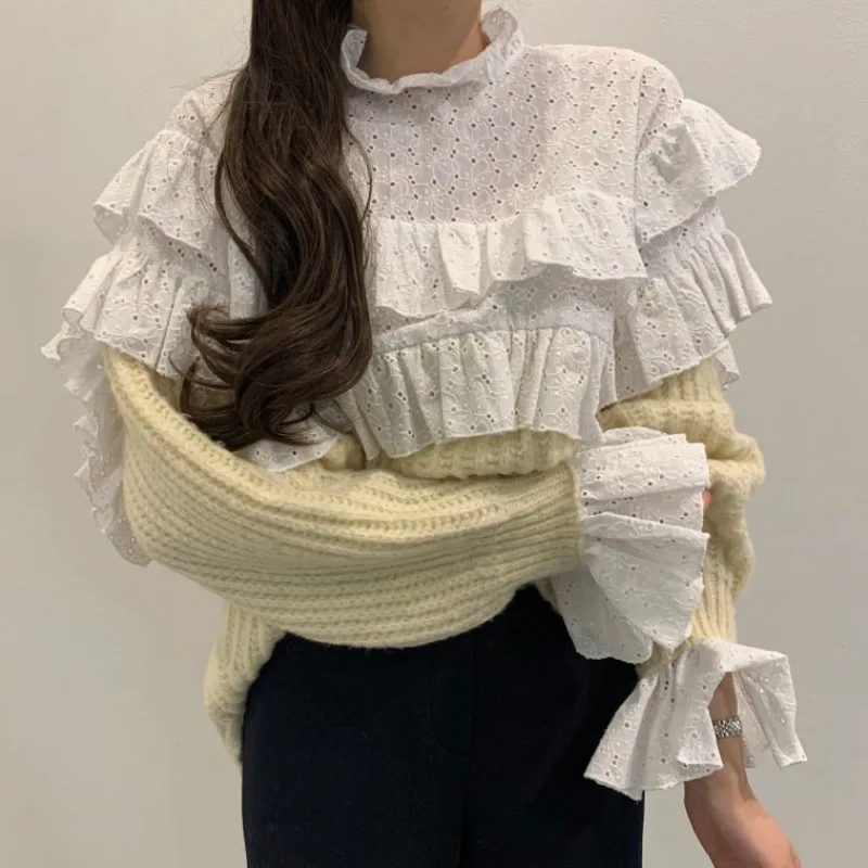 

2021 Spring and Autumn New Style Korean Chic Retro Shirt Stitching Sweater Fake Two-Piece Bottoming Shirt Long-Sleeved Top Women