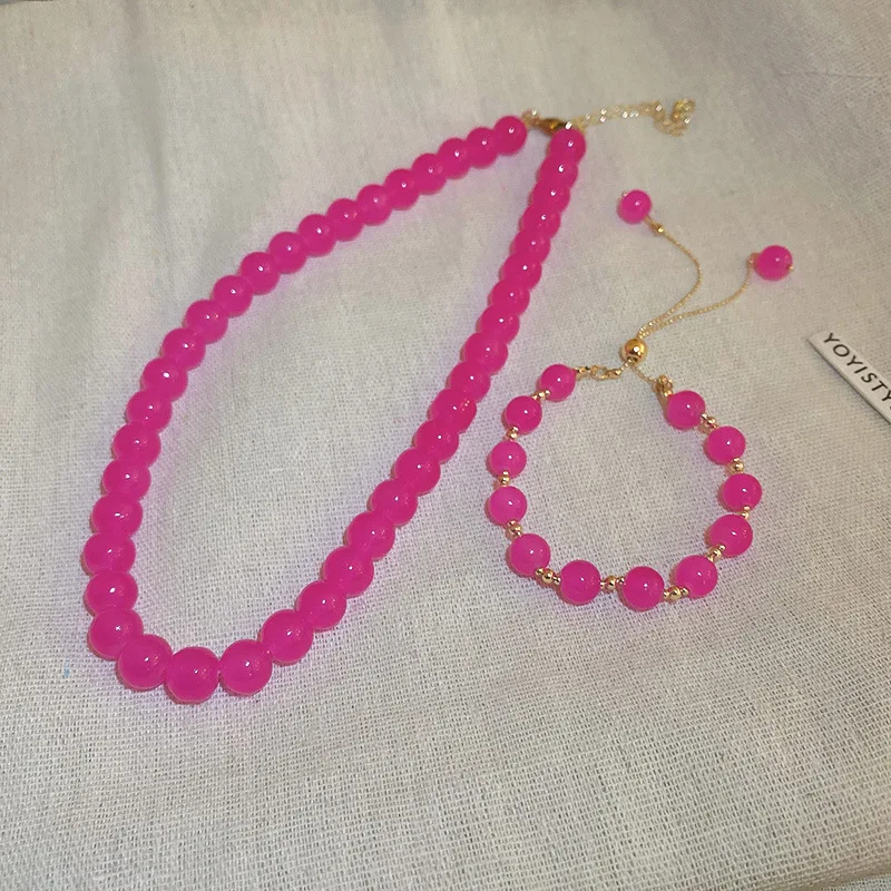 

2022 Summer New Hot Trendy Rose Pink Beaded Acrylic Necklace For Women Bright Color Collares Necklace Wholesale