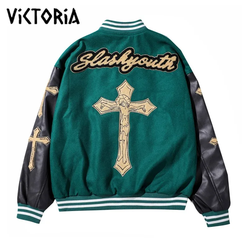 American Baseball Jacket Men Jackets Cross Stitch 2022 Spring Autumn New Trend Brand Hip-hop Loose Couple Jacket Leather Sleeve images - 6