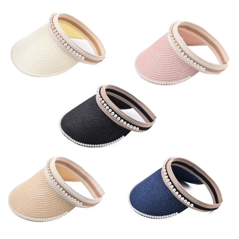 

Q39C Summer Sun Visor Hat Solid Color Pearl Straw Hat Sunscreen for Camping Climbing