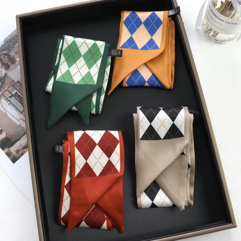 

New Summer Scarf Women Silk Scarf Bag Skinny Scarves Grid New Design Wrist Towel Neckerchief Headband For Women