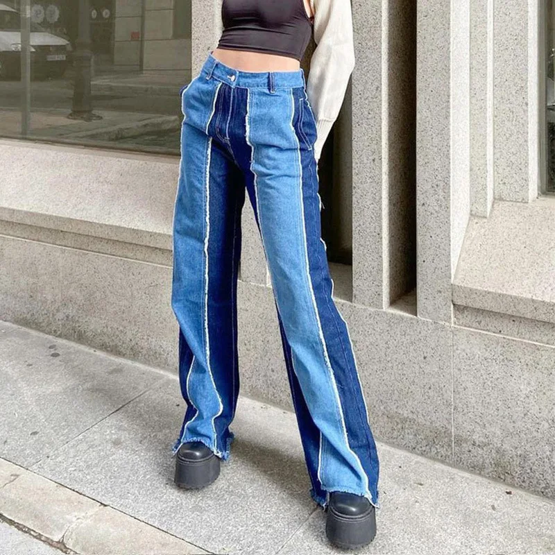 

Casual Retro Patchwork Jeans Fringed Straight Jeans Women's Overalls Mom Retro Y2K Trousers Streetwear Blue 90S Boyfriend Jeans