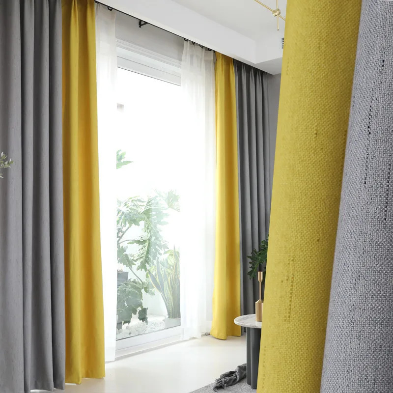 

Modern Stitching Cotton and Linen Curtains Meteor Curtains Finished Custom Linen Blackout Curtains Free Punching Short Curtains
