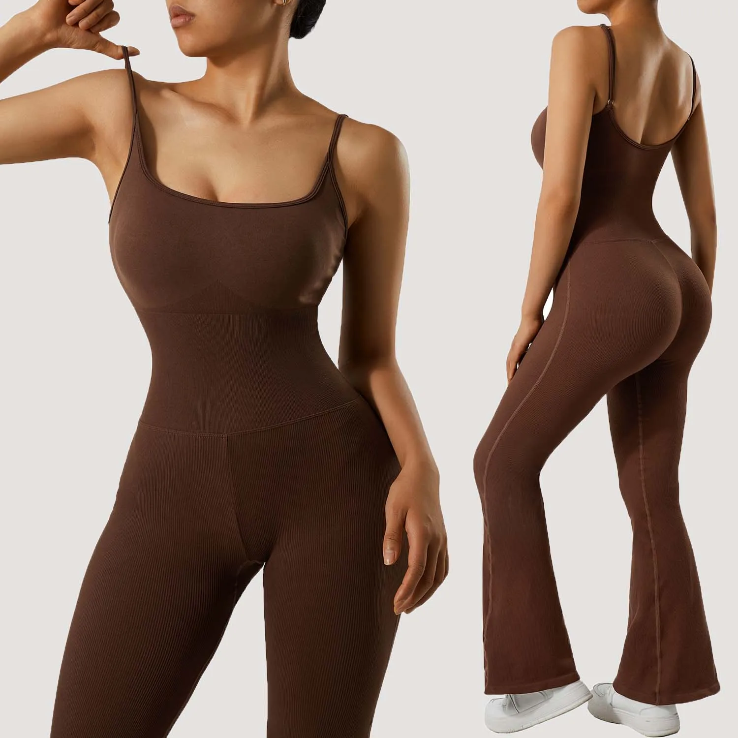 

Bodysuit for Fitness Women Ribbed Flare One Piece Jumpsuit Seamless Padded Square Neck Sexy Jumpsuit Ribbed Sport Yoga Set Women