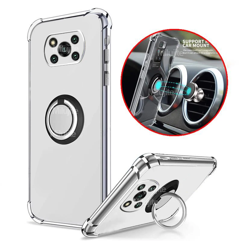 

Poco X3 Pro Case Ring Holder Transparent Magnetic Stand Soft Camera Protection Cover For Xiaomi Poco X4 X3 M4 Pro M3 F3 4g 5g