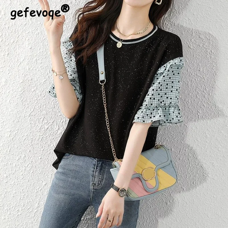 

Casual Fashion Screw Thread Patchwork Sequined Ruffles T-shirt Summer 2022 New Short Sleeve Round Neck Loose Tops Women Clothing