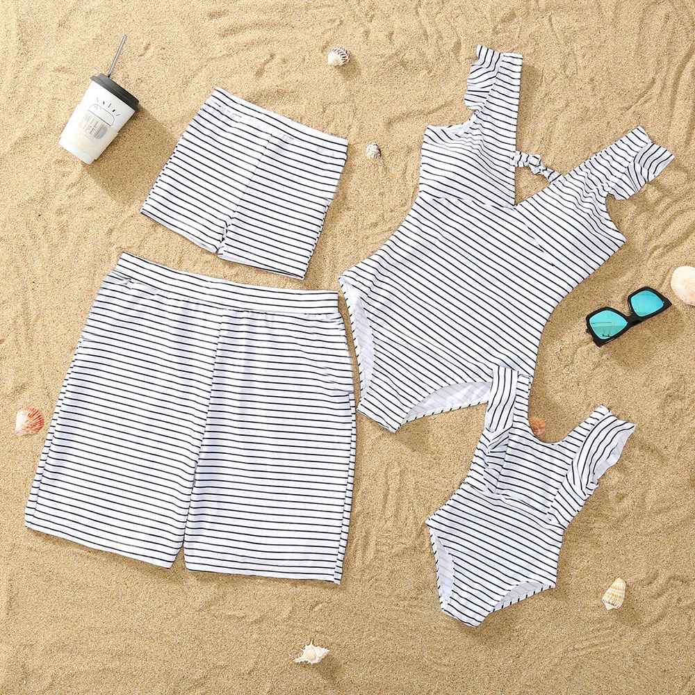 

Summer Vacation New Family Matching Black White Striped Spliced Ruffled One-piece Swimsuit Or Swim Trunks Shorts